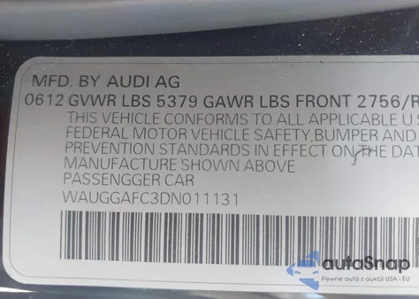 2013 Audi A6 3.0T Premium from USA, damaged, VIN WAUGGAFC3DN011131